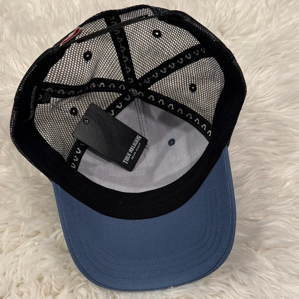 NWT True Religion Blue and Black Logo Trucker Hat